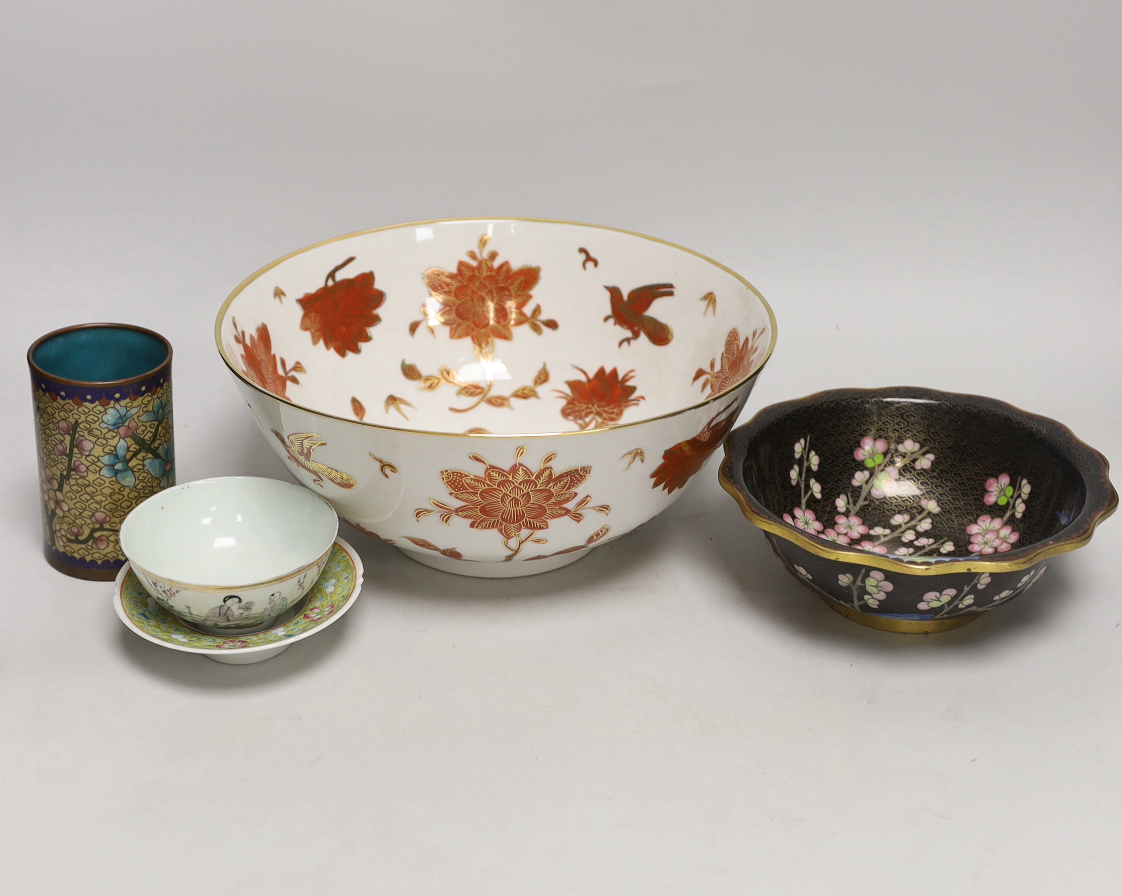 A group of Chinese and Japanese ceramics and cloisonné enamel wares, largest 26cm diameter